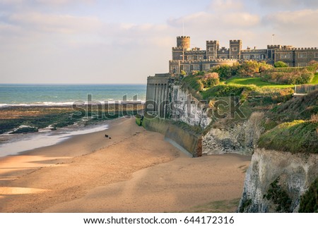Kingsgate Castle on the cliffs above Kingsgate Bay, Broadstairs, Kent. It was built for Lord Holland in the 1760s The name Kingsgate is related to an incidental landing of Charles II on 30 June 1683 Royalty-Free Stock Photo #644172316