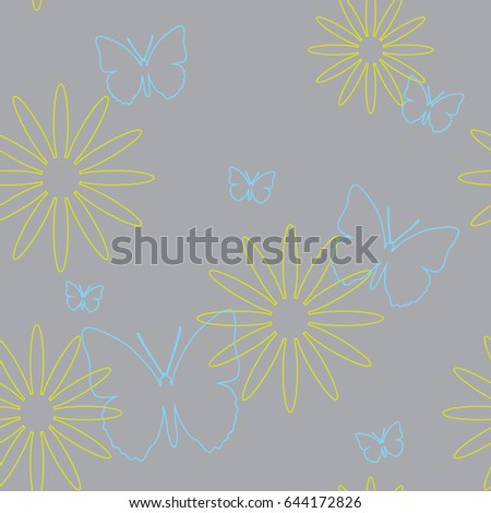 Seamless pattern of butterflies and flowers. A vector picture of moths on a gray background.