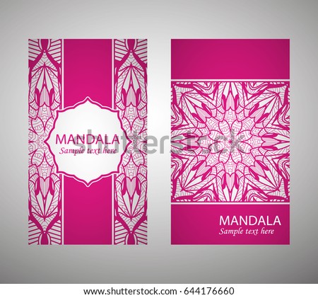 flyer, flyer, cover, pattern mandala. Oriental motif. Hand painted texture background. Set wedding invitations, postcards and business card templates. Decorative card design printing. Vector. EPS 10
