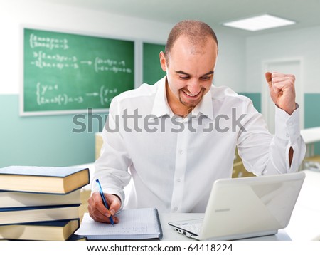 happy smiling man study at school 3d background