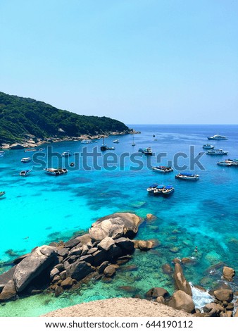 Landscape of a beautiful beach with blue water and sky at Bay of Similan Islands at Thailand. Take by iPhone.