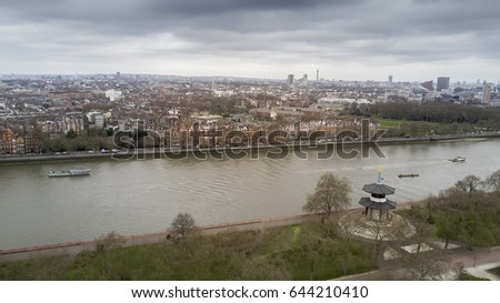Aerial shot of Peace Pagoda in Battersea Park with a view of river Thames in London