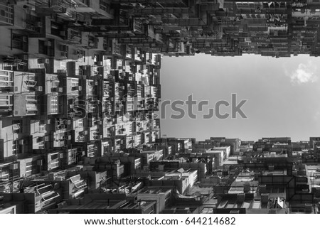 Black and White, Hong Kong city apartment bottom view, cityscape background