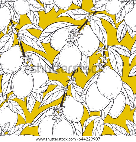 Seamless pattern with lemons. black and white plants on yellow background