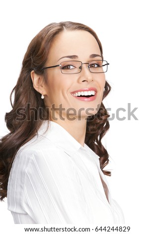 Portrait of happy smiling businesswoman in glasses, isolated against white background. Success in business concept.