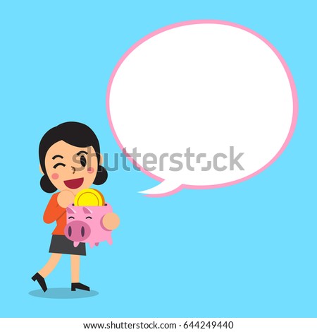 Cartoon businesswoman carrying piggy bank with white speech bubble