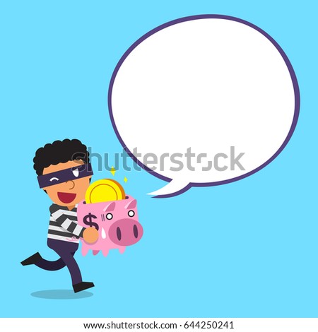 Cartoon thief carrying piggy bank with white speech bubble