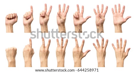 Male hands counting from zero to five isolated on white background Royalty-Free Stock Photo #644258971