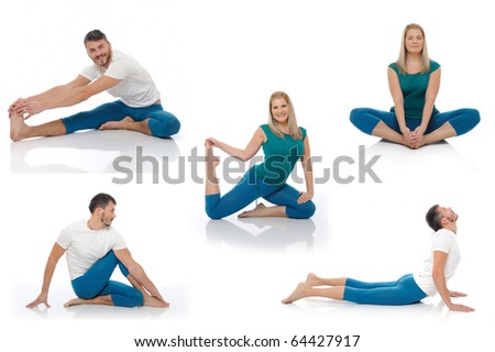 Group of photos of  active man and woman doing yoga fitness poses. isolated on white background