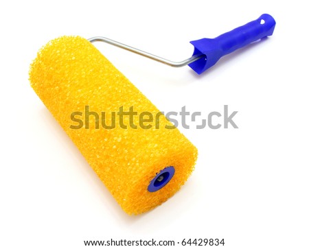 The platen for painting of surfaces of yellow color with the dark blue handle on a white background