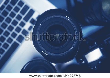 Digital Photography Lens, Photo Equipment and the Computer. Photographer Equipment.