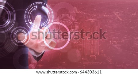 Futuristic business technology concept on blurred diffuse city scape background with abstract circles guy pointing with suite. Copy space.