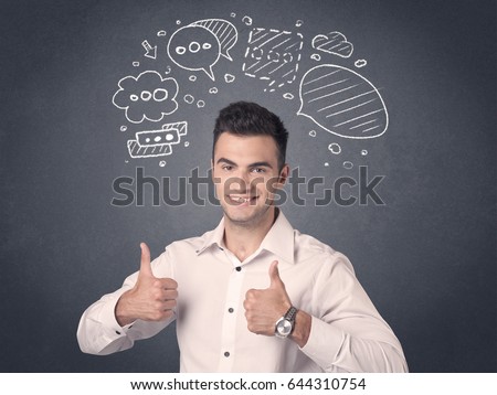 Young casual businessman with drawn speech bubbles over his head