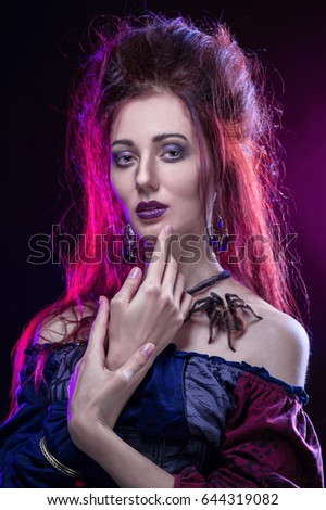 A model in the form of a witch, with a huge tarantula spider