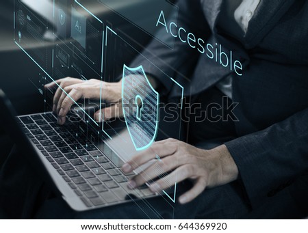 Man working on laptop network graphic