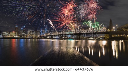 View of Portland Oregon, USA during a Fireworks Show.