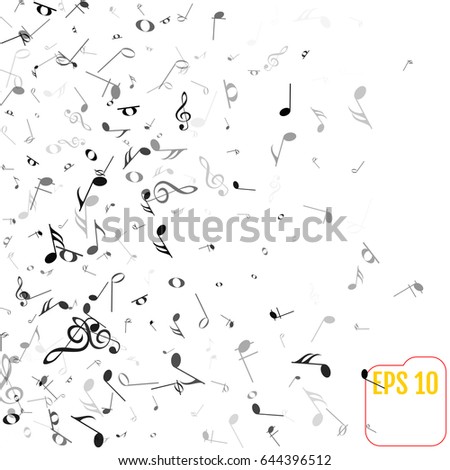 Vector Falling Notes Background. Frame of Treble Clefs, Bass Clefs and Musical Notes. Black Musical Symbols of Different Size on White Background 