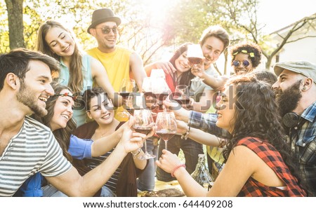 Group of friends toasting red wine having fun outdoor cheering at bbq picnic - Young people enjoying summer time together at lunch garden party - Youth friendship concept - Focus on clinking glasses