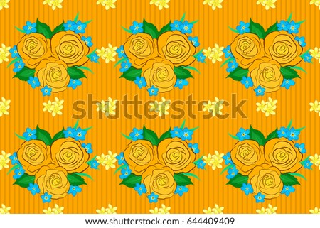 Raster illustration. Seamless floral pattern on a yellow background with motley rose flowers and green leaves.