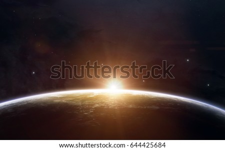 Beauty of Earth sunrise. Science fiction space wallpaper, incredibly beautiful planets, galaxies, dark and cold beauty of endless universe. Elements of this image furnished by NASA Royalty-Free Stock Photo #644425684