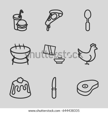 Meal icons set. set of 9 meal outline icons such as chicken, pizza, pie, burger and drink, spoon, knife, beef, cereal