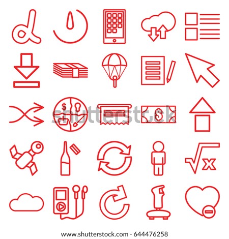 App icons set. set of 25 app outline icons such as ampoule, minus favorite, download, shuffle, stopwatch camera, cloud, calendar on phone, download upload cloud, money