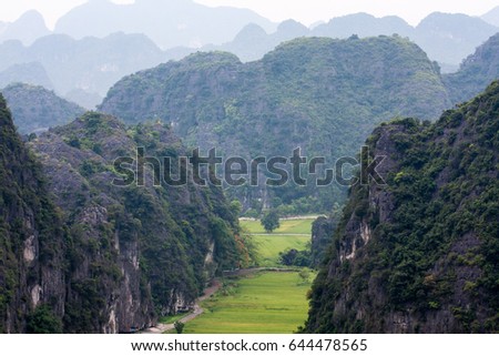 Landscape Hang Mua (Mua Cave) in NinhBinh with impressive panoramic view of golden rice fields, limestone mountains, Vietnam, Tamcoc view from Mua cave.Boat trip on Ngo Dong river in Tam Coc, VietNam.
