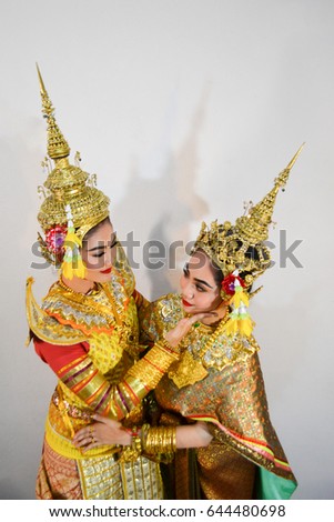 Woman wear costumes Ayutthaya period of Thailand with white background.