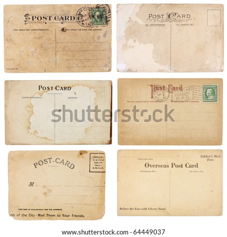 A set of six mildly heavily distressed vintage from early 1900s. Postcards are blank with room for your text and images. Isolated on white with clipping paths. Royalty-Free Stock Photo #64449037