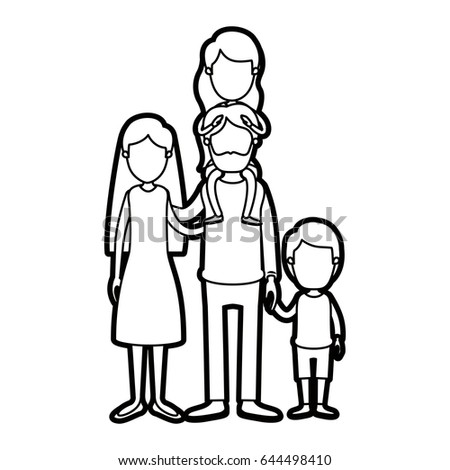 caricature thick contour faceless family parents with girl on his back and boy taken hands vector illustration