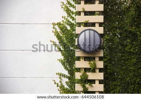 Decorative wall of white brick with a woven green plant and a beige staircase, on the steps of which hangs a lamp; Amazing garden wall decoration