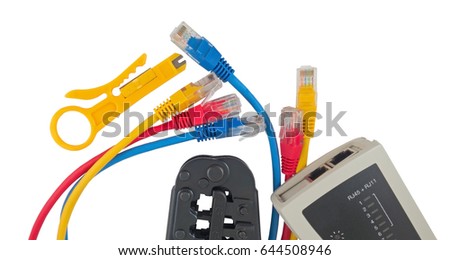Network tester and crimping tool with RJ45 connector on a white background