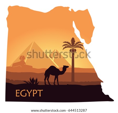 Map of Egypt with the image of a landscape with pyramids, a Sphinx and a camel