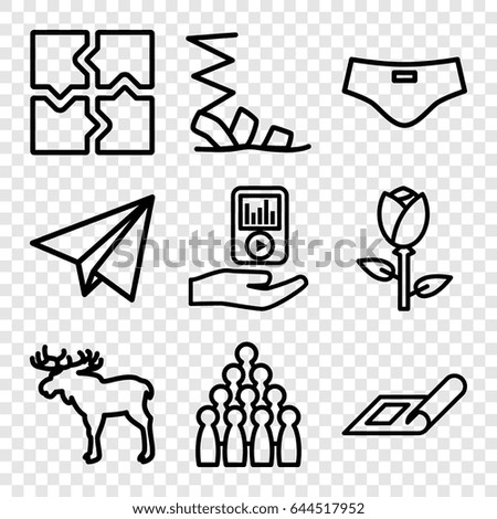 Sketch icons set. set of 9 sketch outline icons such as moose, rose, plan, sandals, puzzle, mp3 player on hand, paper plane, man swim wear
