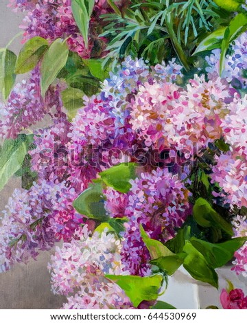 Texture, pattern, background. picture is drawn with oil paint. Bouquet of lilacs in a vase, two curious sparrows on a table. Lilac different colors, varieties