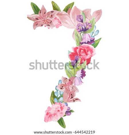 Number 7 of watercolor combination of Flowers and Leaves, can be used as greeting card, invitation card for wedding, birthday and other holiday. Isolated on white background