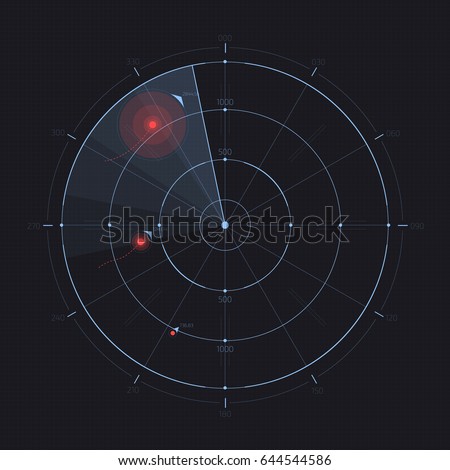 Vector radar screen. Futuristic HUD radar display. Sci-fi design element isolated on background. Military air scan. Submarine navy search. System blip. Vector illustration of navigation interface. Royalty-Free Stock Photo #644544586