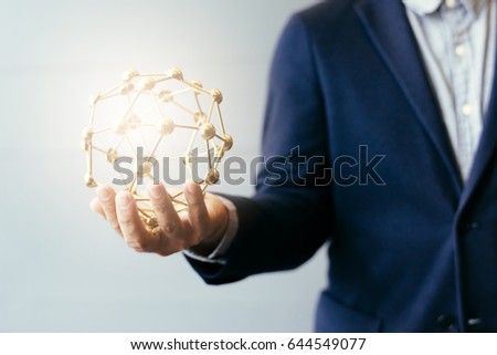 Businessman hand holder signs communication,DNA science background with business person on the background