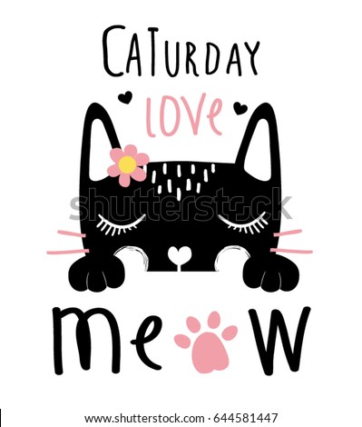 cute black cat and meow slogan vector design.