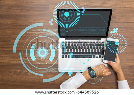 Hand working with Sci fi futuristic user interface modern technology and digital layer effect as business strategy concept, top view