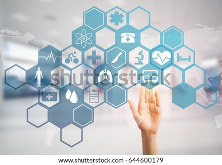 Hand of woman touching icon of media screen with medicine concept