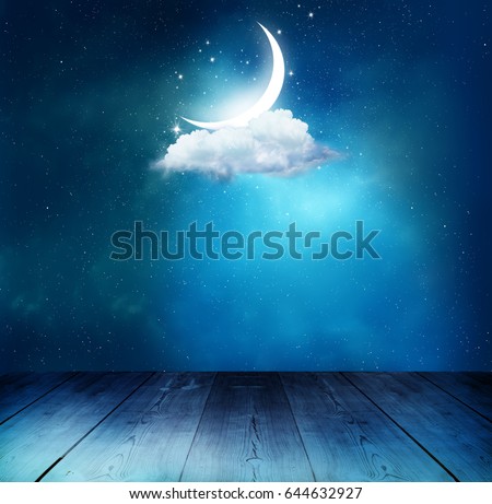 Ramadan Kareem background with table.Crescent moon and cloud