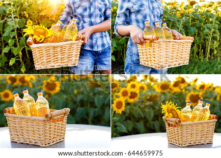 Collection of a pictures of wicker basket with three bottles of sunflower oil. 