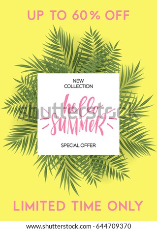 Summer greeting card and poster with leaves and hand drawn lettering and textures. Great for sale banners, wallpaper, flyers, invitation, posters, brochure, voucher discount, ticket design and more.