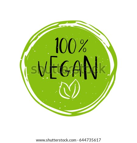 Vector round eco, bio green logo or sign. Raw, healthy food badge, tag for cafe, restaurants, packaging. Hand drawn lettering 100% Vegan. Organic design template. Royalty-Free Stock Photo #644735617