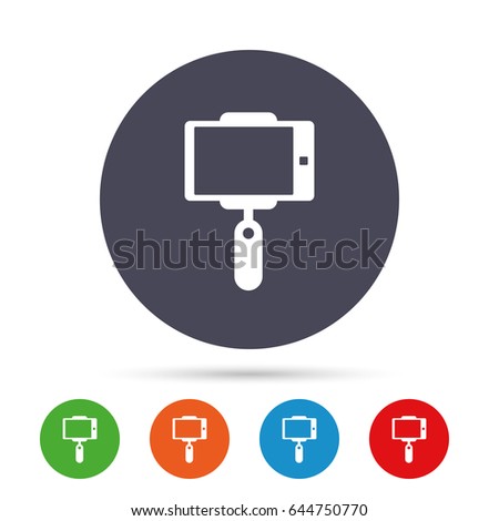Monopod selfie stick icon. Self portrait tool. Round colourful buttons with flat icons. Vector