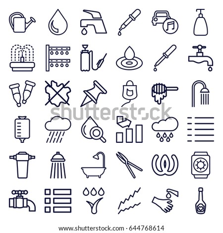 Drop icons set. set of 36 drop outline icons such as honey, pipette, soap, no wash, shower, tap, graph, garden tools, watering can, irrigation system, rain, harden hose