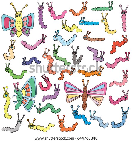 Butterflies and Caterpillars Hand Drawn Illustration Vectors