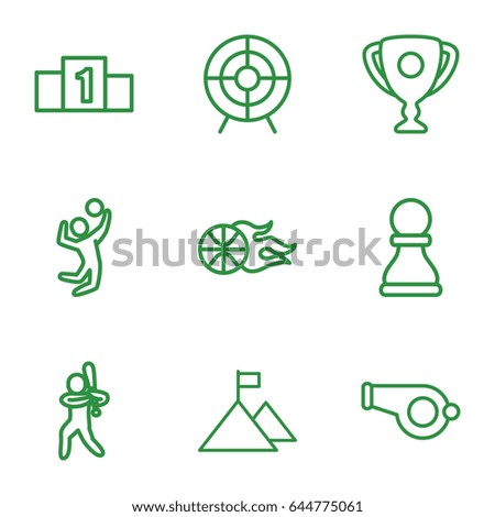 Competition icons set. set of 9 competition outline icons such as target, baseball player, volleyball player, basketball, chess pawn, ranking, trophy, flag on mountain