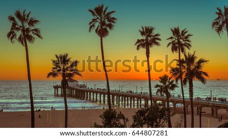 Palm trees and Pier on Manhattan Beach at sunset in California, Los Angeles, USA.  Royalty-Free Stock Photo #644807281